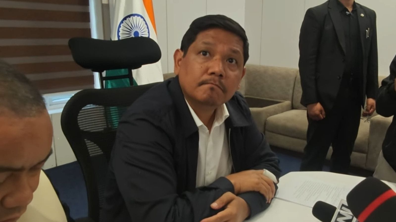 Conrad Sangma speaking to reporters