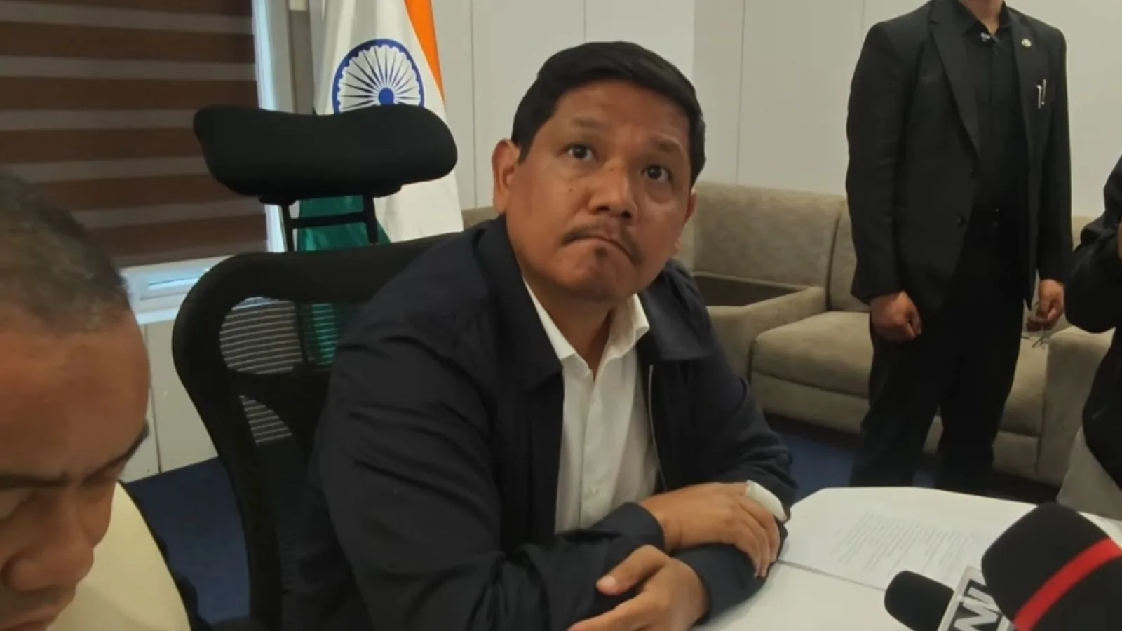 Conrad Sangma speaking to reporters