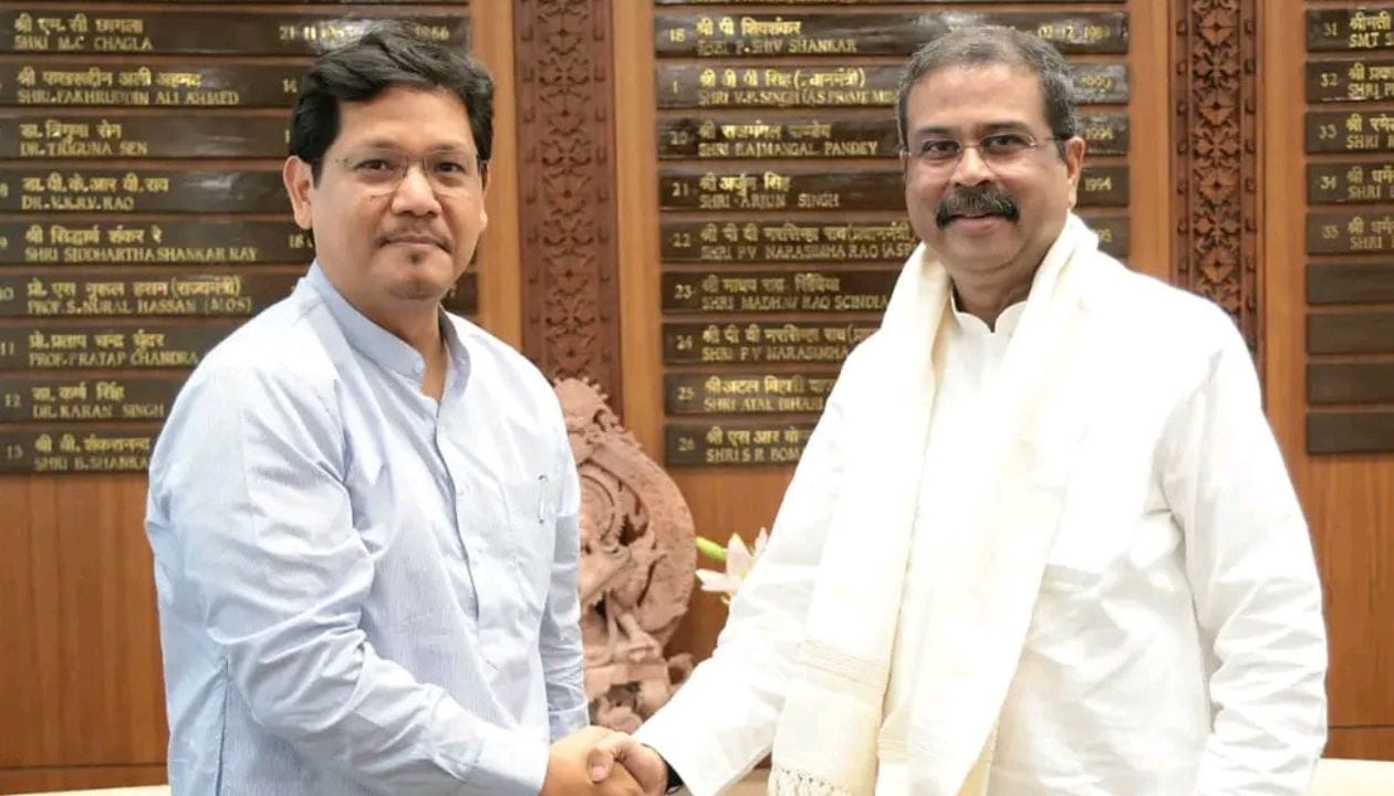 Chief Minister Conrad K. Sangma during a meeting with Union Education Minister Dharmendra Pradhan in New Delhi on Monday