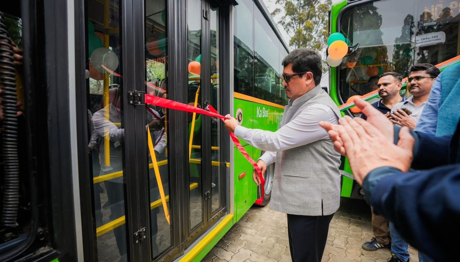 Meghalaya Chief Minister Conrad K. Sangma inaugurates an electric bus during the launch of the PM e-Bus Sewa scheme in Shillong.