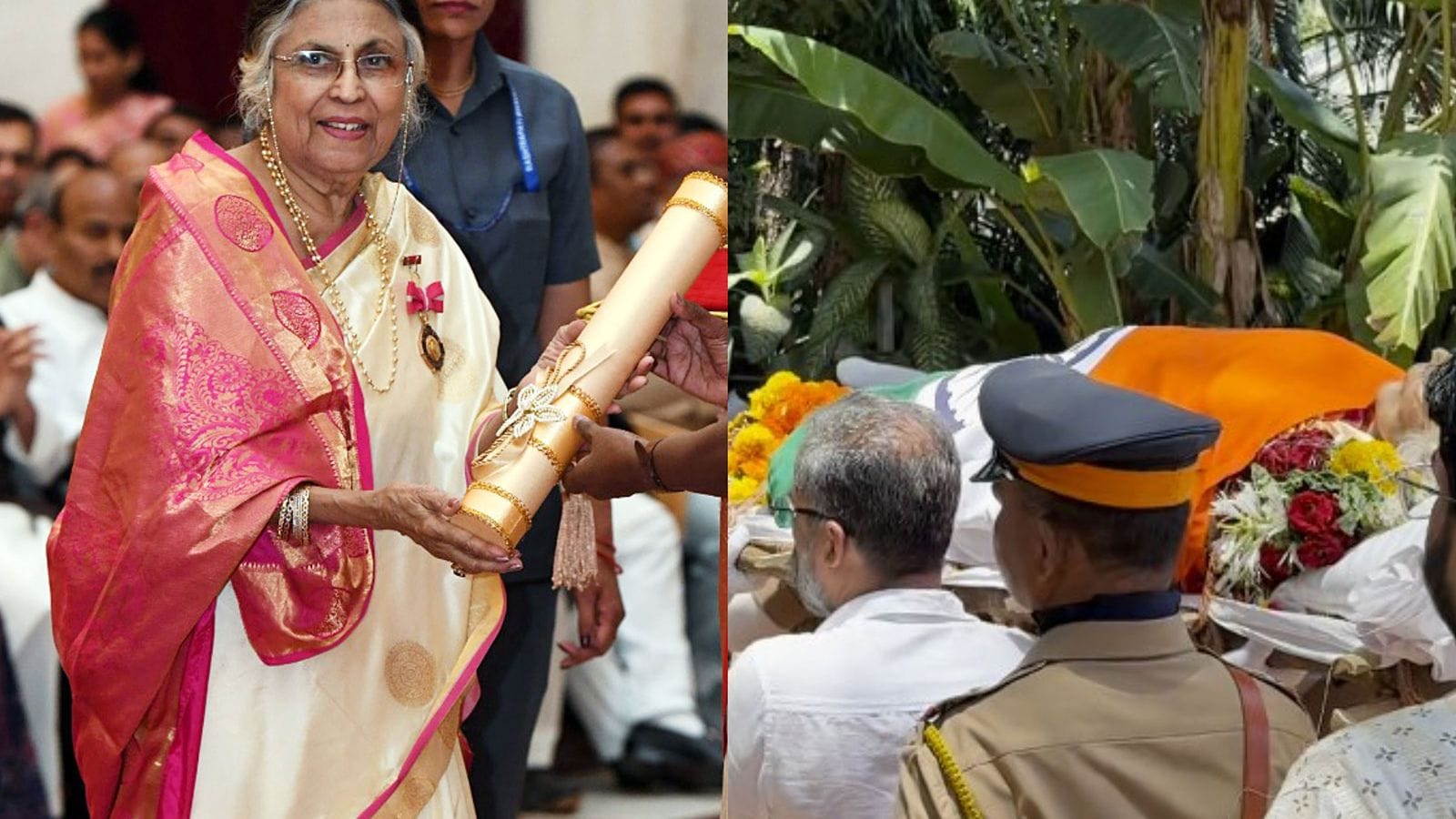 Suman Kalyanpur receives a national honour during her lifetime, while mourners and officials pay their final respects during her funeral with state honours in Mumbai on Monday.